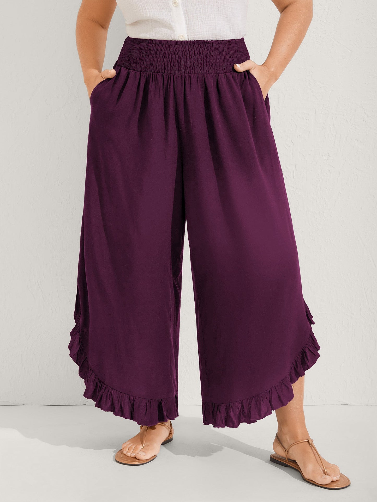 Ruffled Curvy Hem Wide-Leg Pants