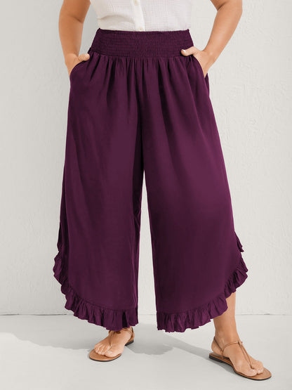 Ruffled Curvy Hem Wide-Leg Pants