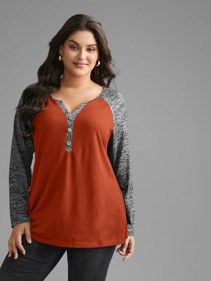 Heather Patchwork Button Detail Stretchy T-Shirt