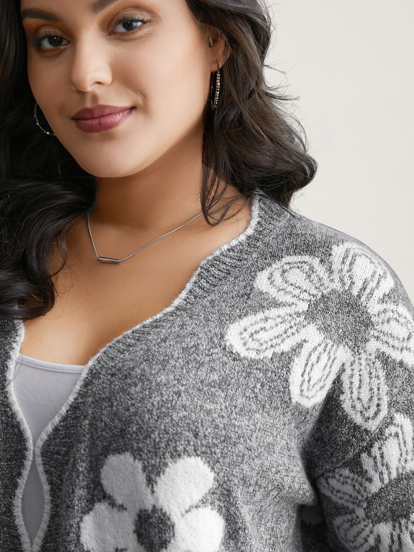 Floral Pattern Open-Front Knitted Cardigan