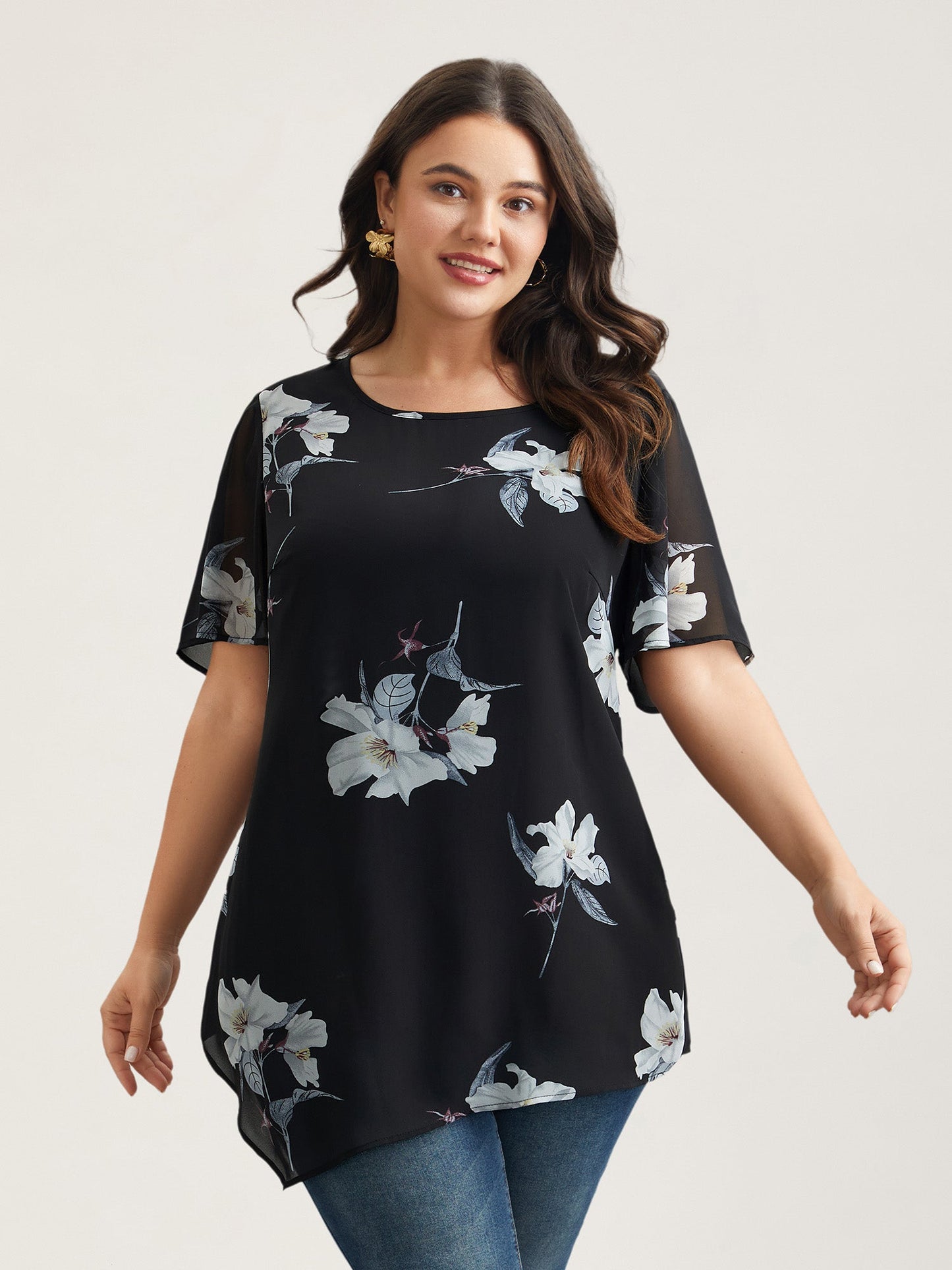 Chiffon Floral Round Neck Shirt
