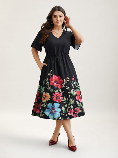 Floral Print V-Neck Half-Sleeve Midi Dress
