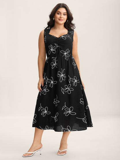 Rayon Floral Stretchy Waist Midi Dress