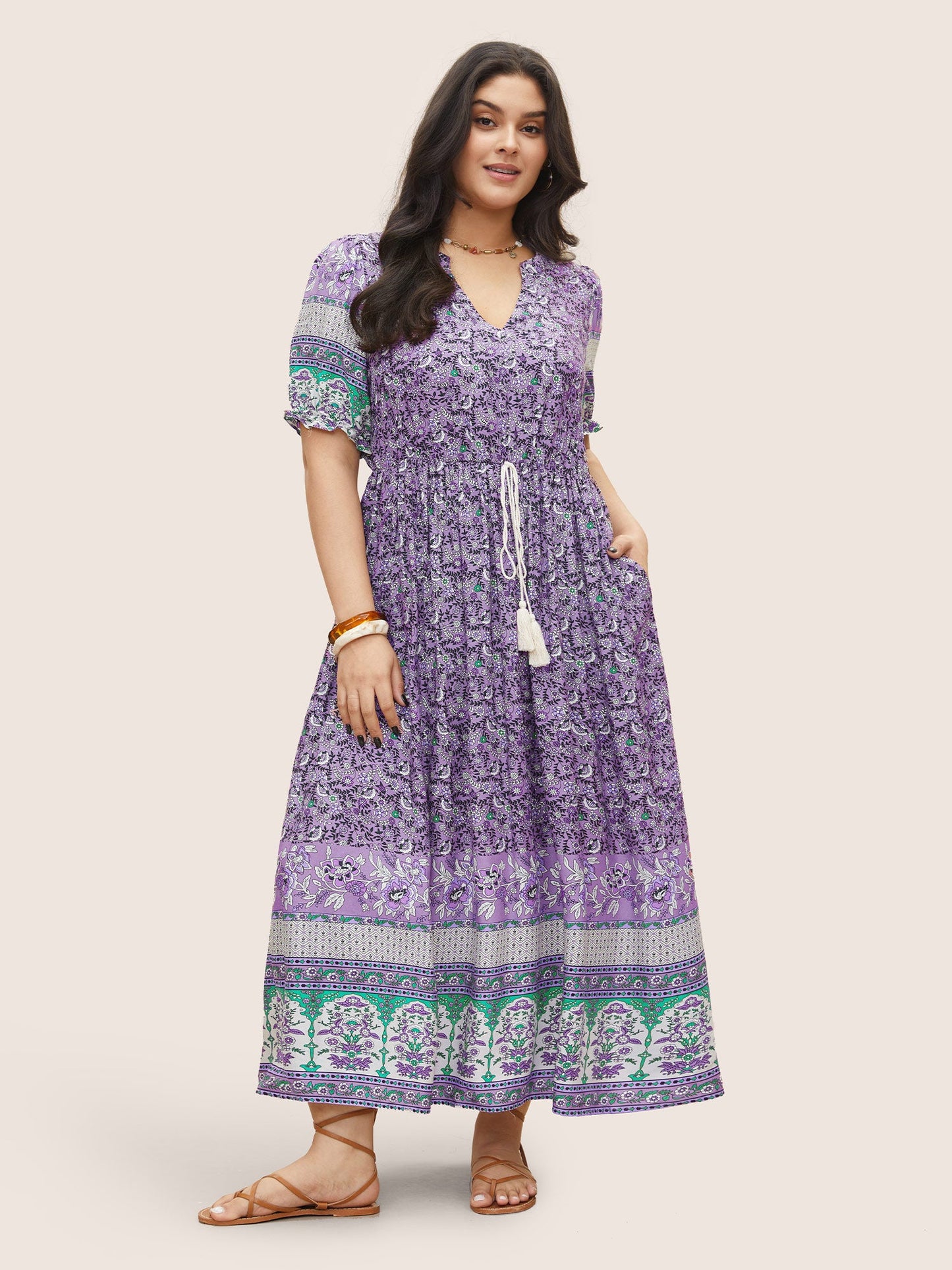 Boho Print Notched Ties Tassel Trim Dress