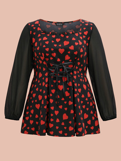 Heart Print Patchwork Waist-Tie Blouse