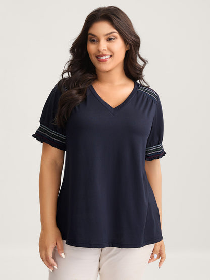 Stretchy Colorful Spliced Shirred T-Shirt