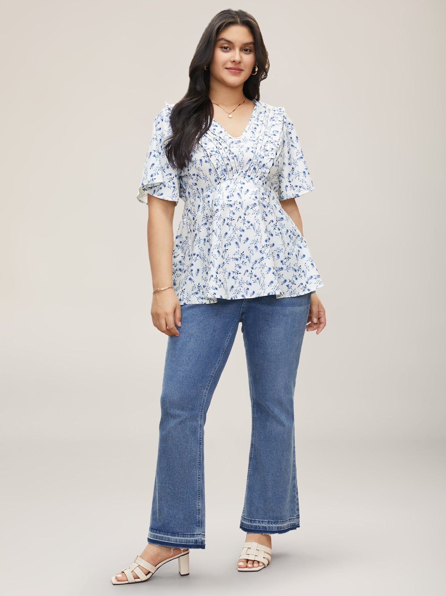 Floral Pleated Elastic Waist Ruffle Sleeve Blouse