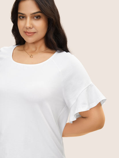 Cotton Round Neck Plain Patchwork Ruffles T-shirt