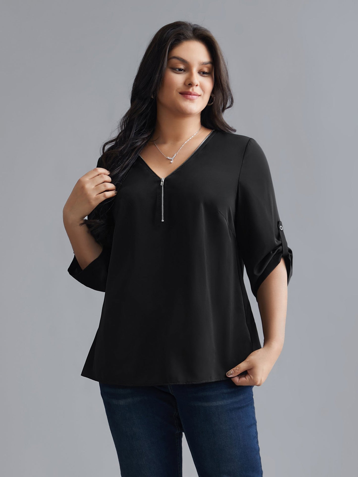 Plain V Neck Half Zip Tab Sleeve Blouse