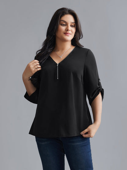 Plain V Neck Half Zip Tab Sleeve Blouse