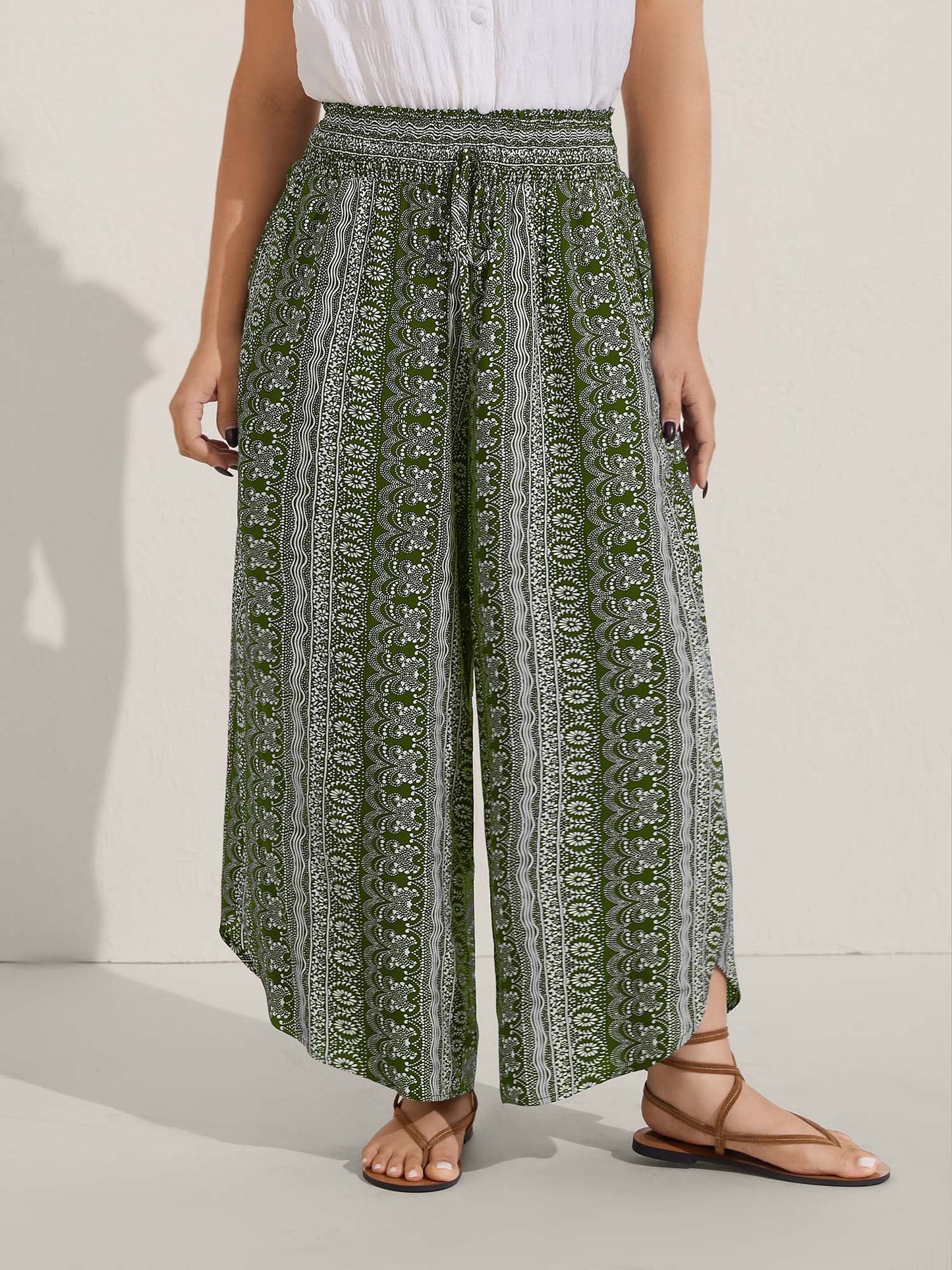 Boho Print Shirred Waist Wide-Leg Pants