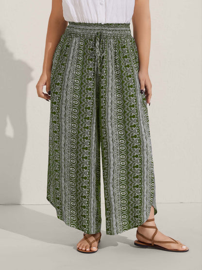 Boho Print Shirred Waist Wide-Leg Pants