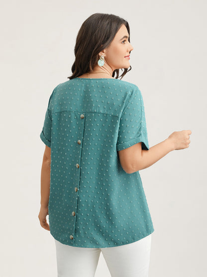 Back-Button Textured V-Neck Shirt