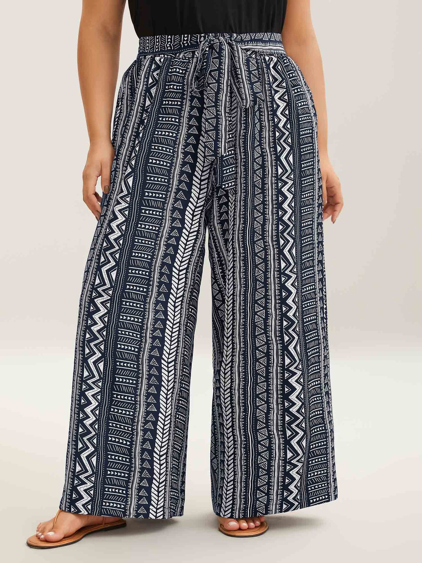 Waist-Tie Wide-Leg Boho Print Pants