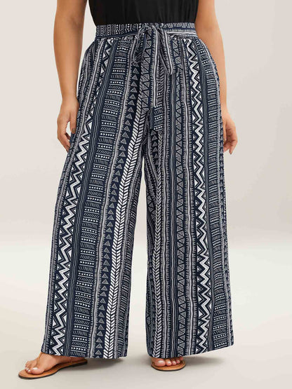 Waist-Tie Wide-Leg Boho Print Pants