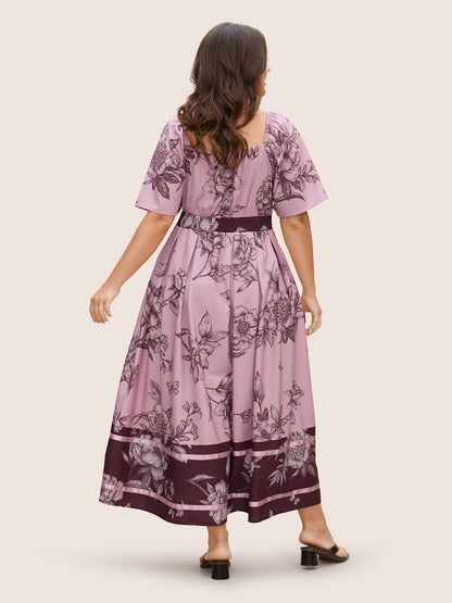 Boho Print Heart Neckline Ruffle Sleeve Maxi Dress