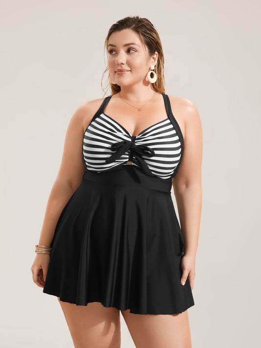 Stripes Patchwork Tie Knot Cross Straps Swim Dress