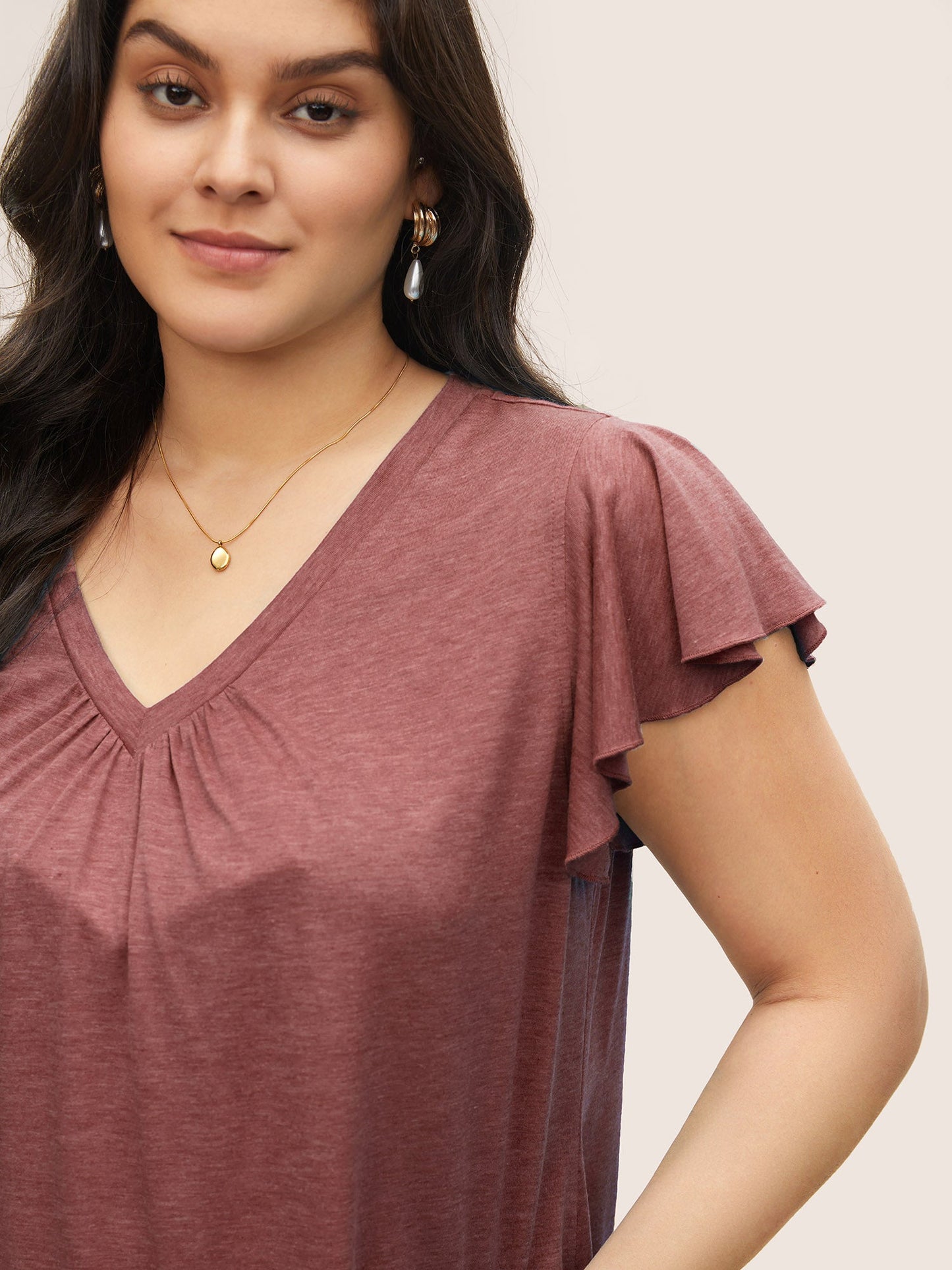Solid Heather Gathered Ruffle Sleeve T-shirt