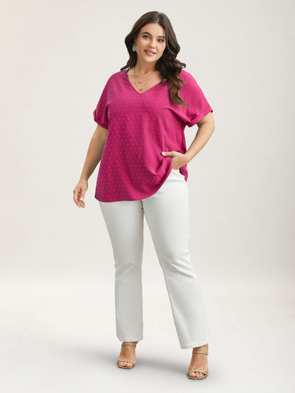 Back-Button Textured V-Neck Shirt