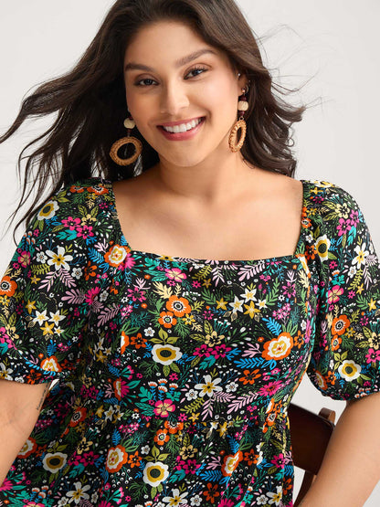 Floral Square Neck Fit and Flare Blouse