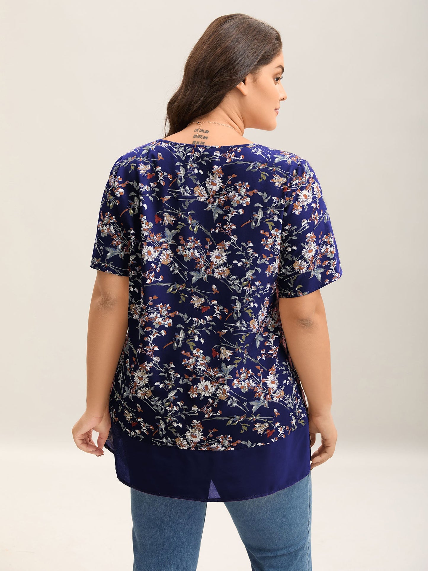Garden Print Spliced V-Neck Blouse