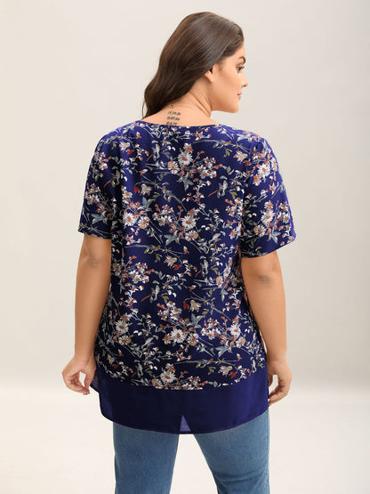 Garden Print Spliced V-Neck Blouse