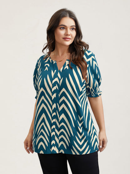 Geometric Print Ruffled Shirred Shirt