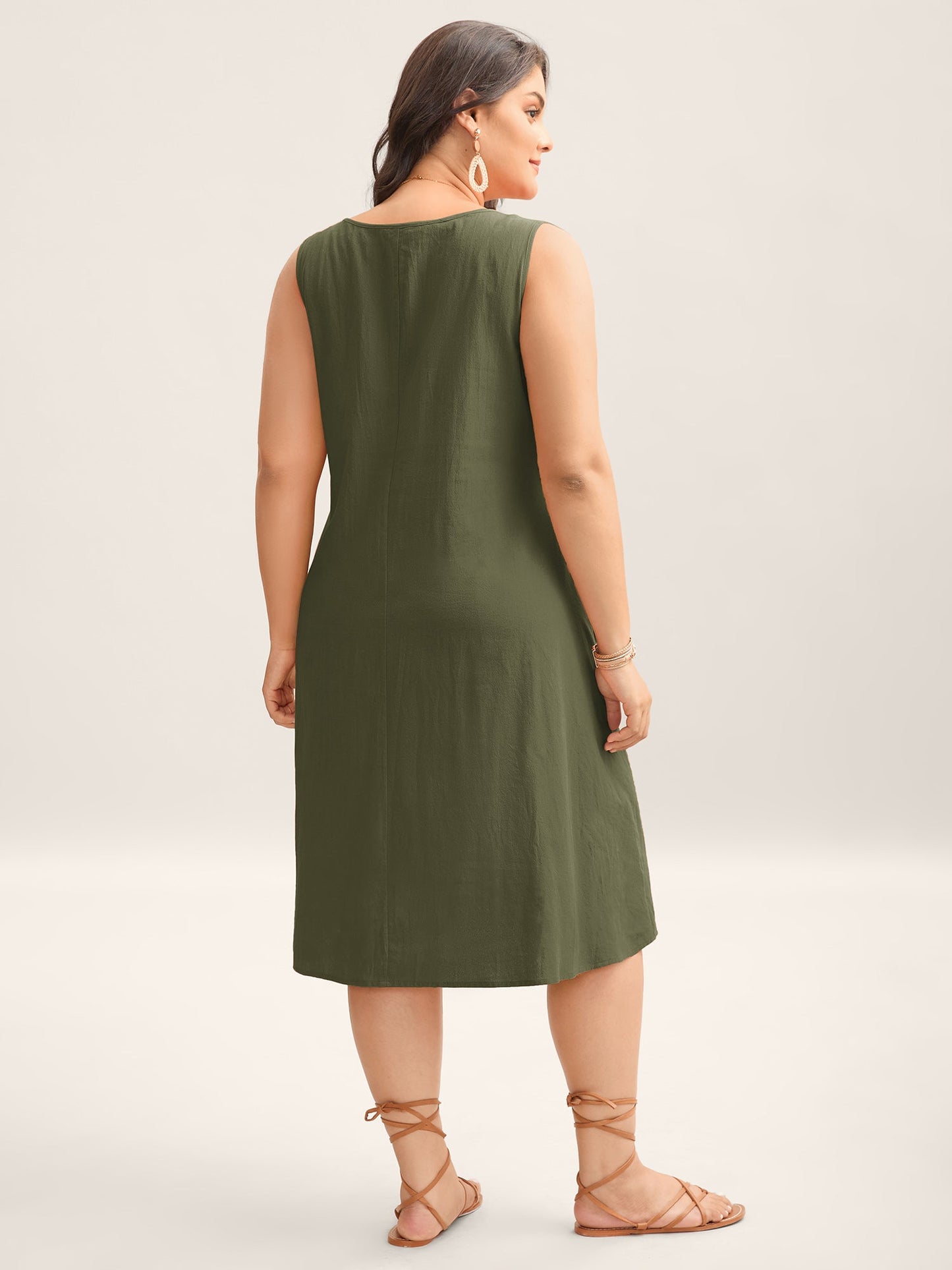 Cotton Toothpick Pleat Plain Midi Dress