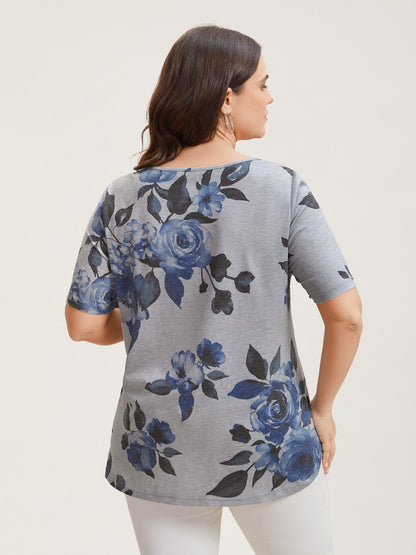 Floral Print Round Neck Fitted T-Shirt