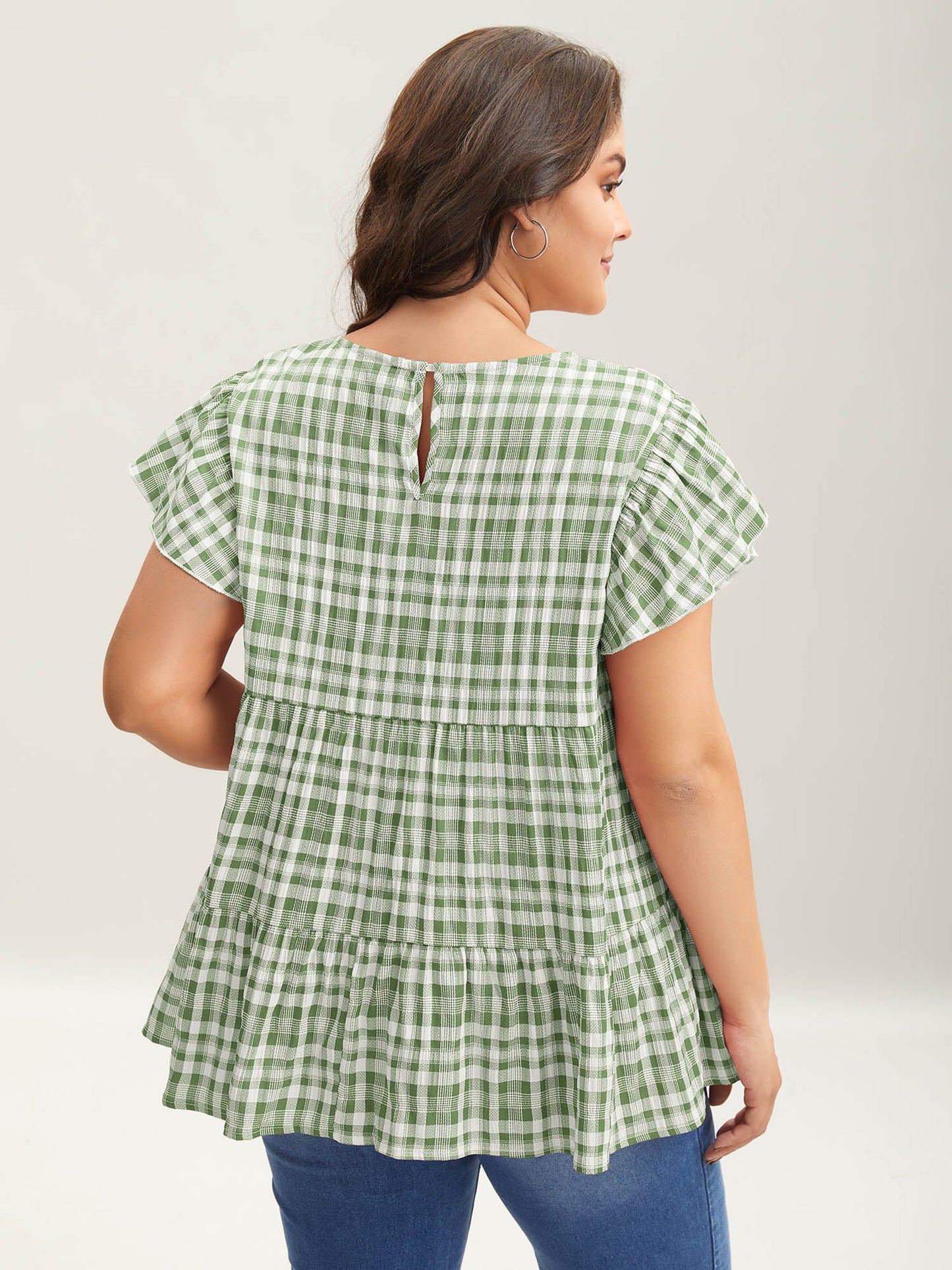 Plaid Print Textured Lotus Leaf Sleeve Shirt