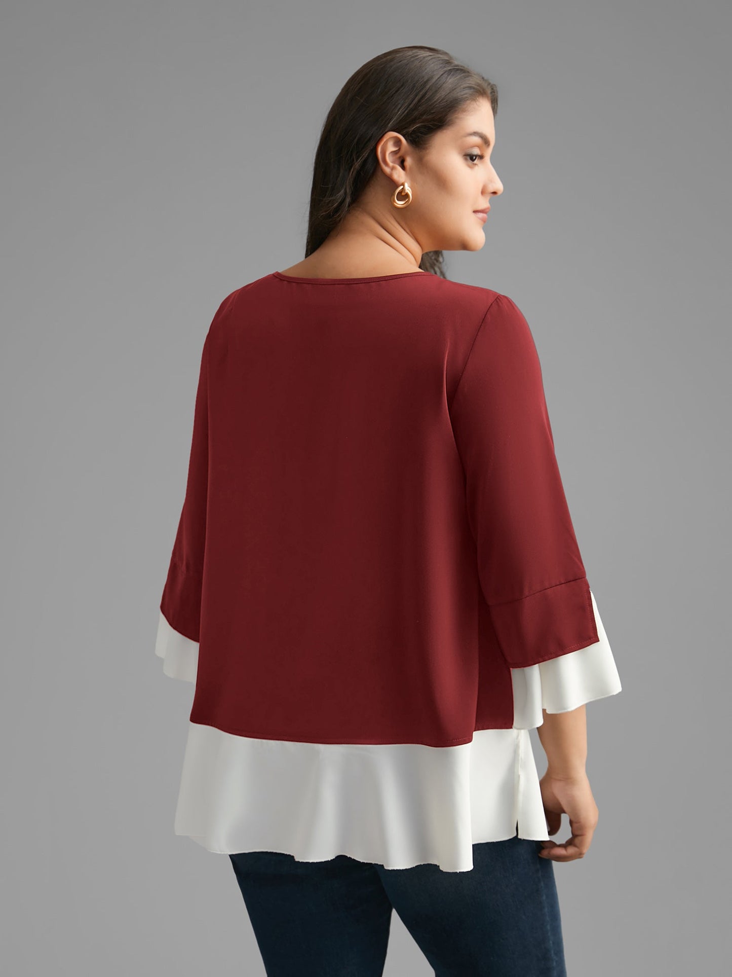 Contrast Patchwork Bell Sleeve Blouse