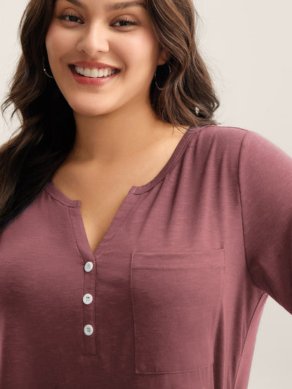 Solid Split Neck Button Detail T-Shirt