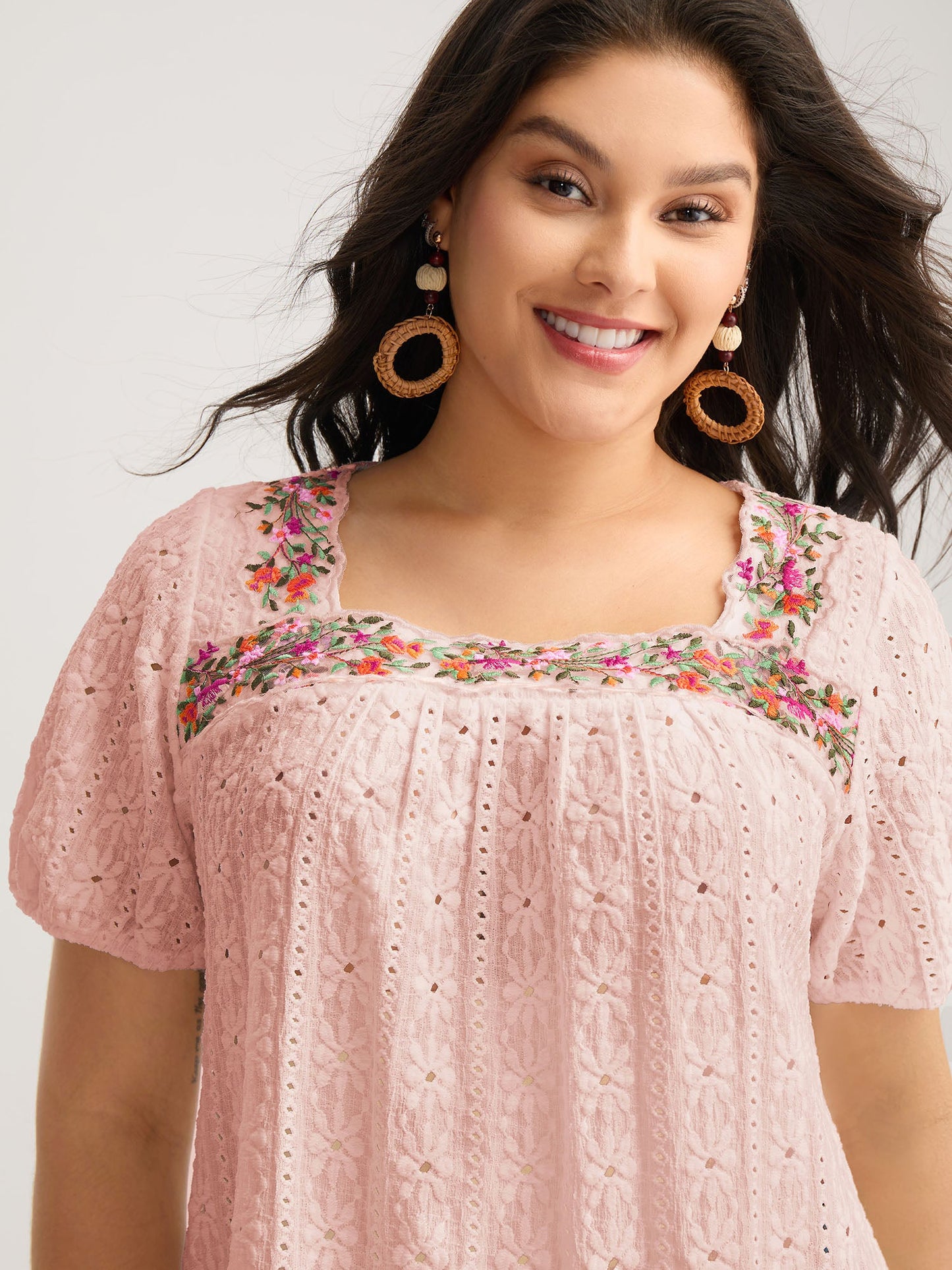 Eyelet Trim Floral Embroidered Solid T-Shirt