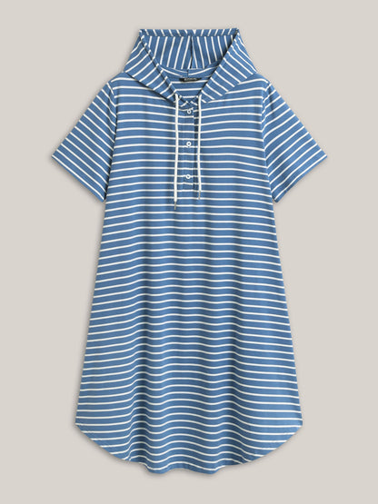 Stripe Print Curvy Hem Hooded Midi Dress