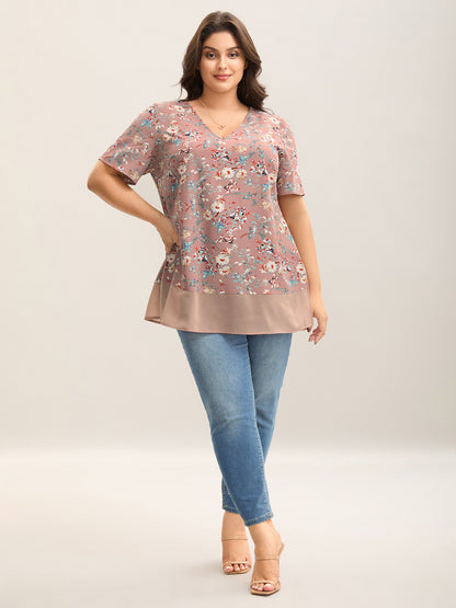 Garden Print Spliced V-Neck Blouse