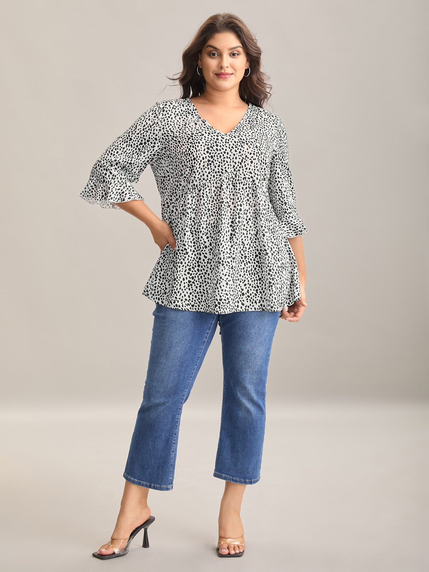 Leopard Print Ruffled Detail V-Neck Blouse