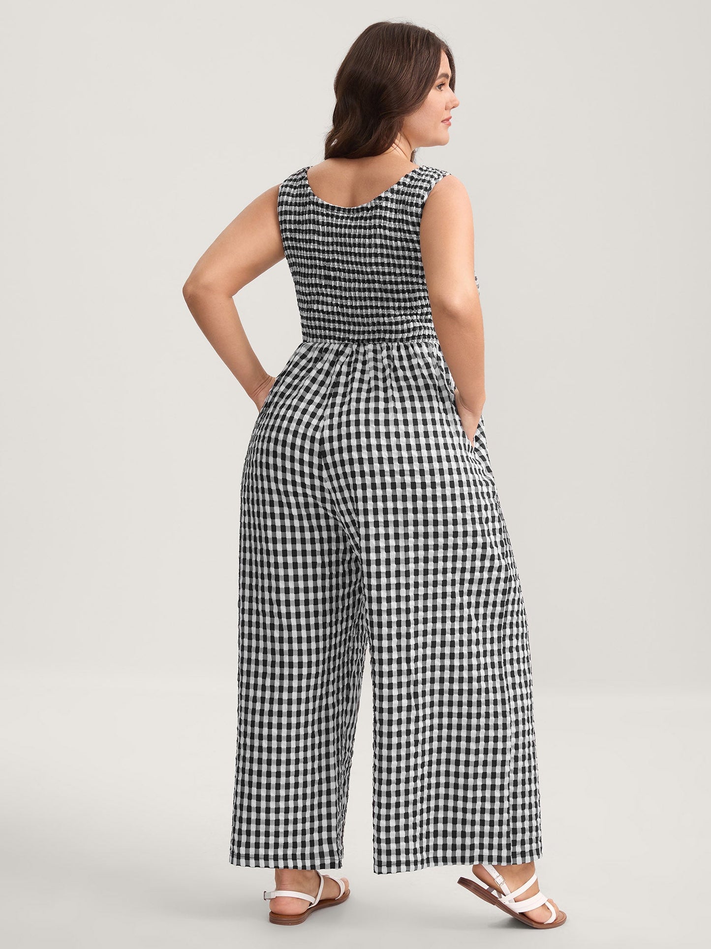 Gingham Print Shirred Straight-Leg Jumpsuit