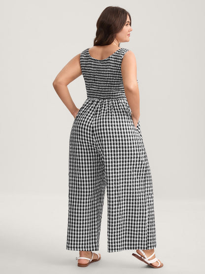 Gingham Print Shirred Straight-Leg Jumpsuit