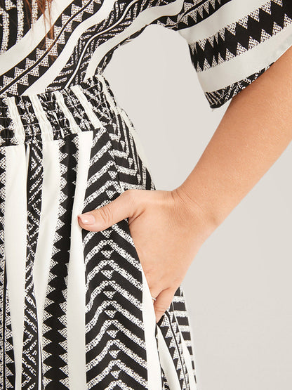 Solid Geometric Dolman Sleeve Pocket Shirred Split Hem Dress