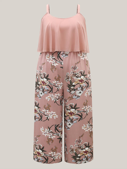 Large Flower Print Spliced Wide-Leg Jumpsuit