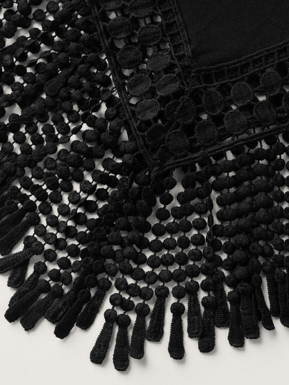 Solid Tassels Trim Pocket Asymmetrical Hem T-shirt