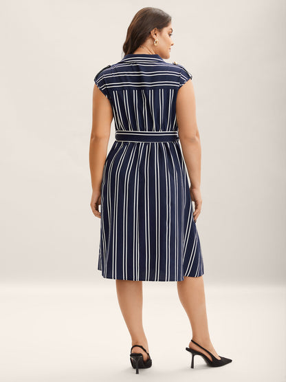Stripe Print Zipper Belted Midi Dress
