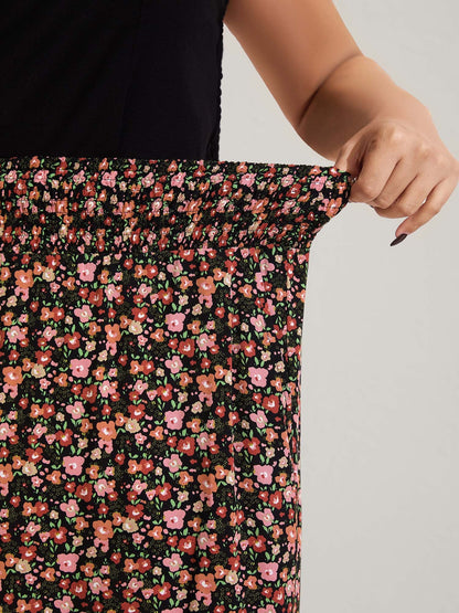 Shirred Waist Ditsy Floral Wide-Leg Pants