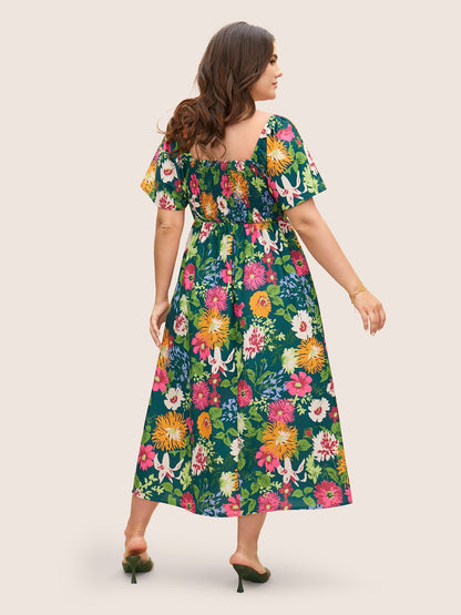 Floral Shirred Square Neck Pocket Midi Dress