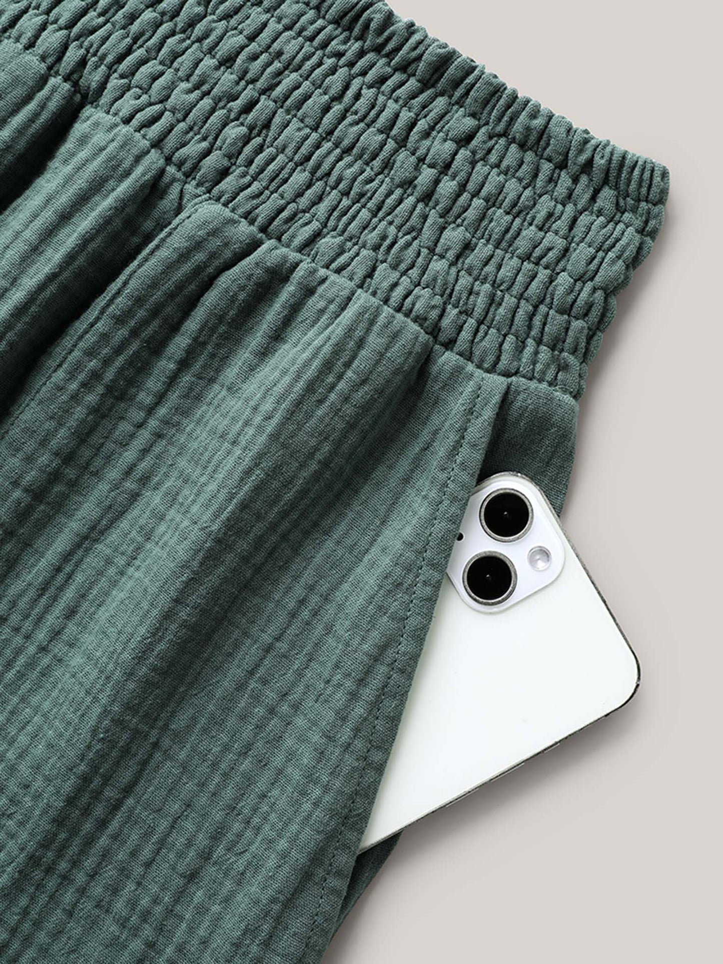 Cotton Shirred Textured Wide-Leg Pants