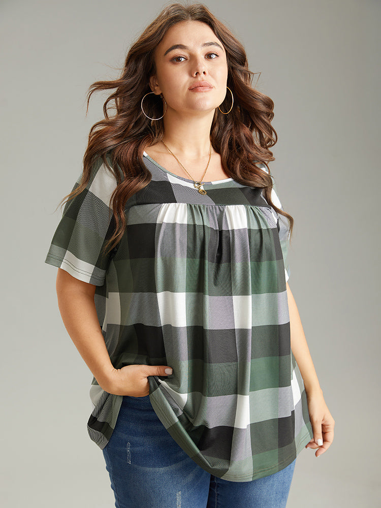 Plaid Round Neck Gathered T-shirt