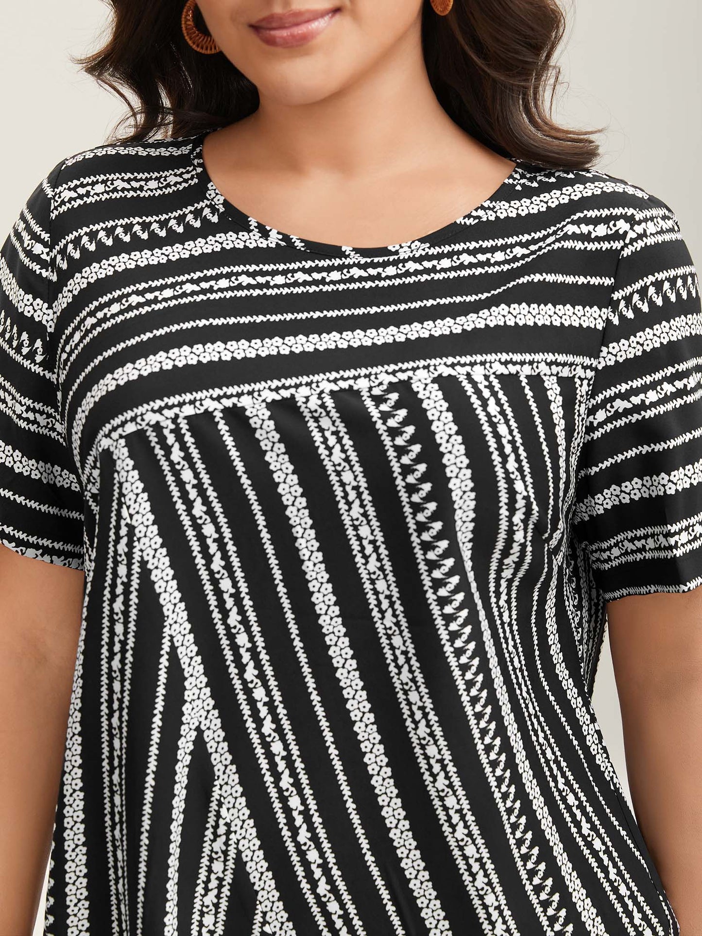 Striped Overlap Print Curvy Hem Blouse