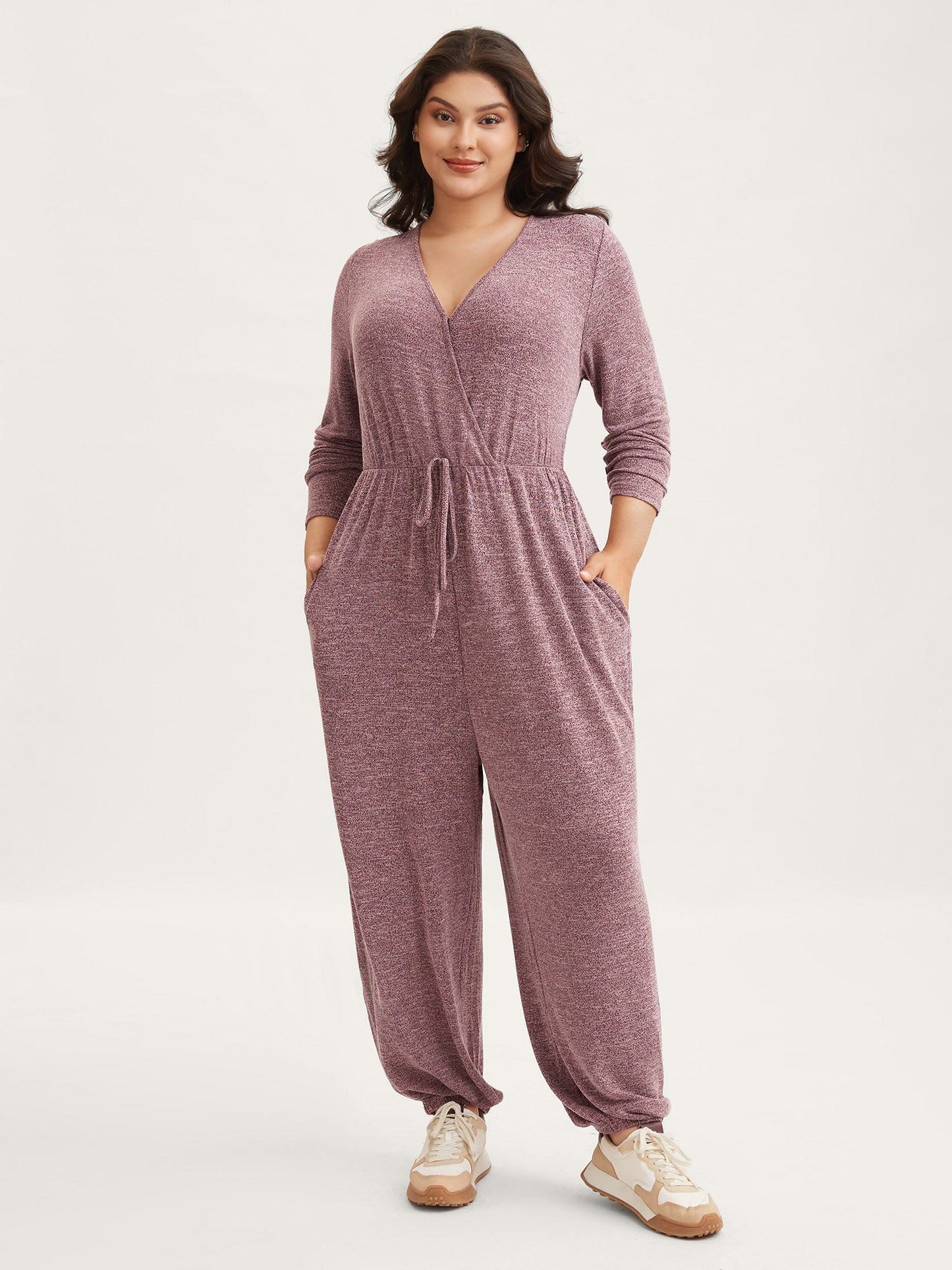 Elastic Waist Overlap Collar Lounge Jumpsuit