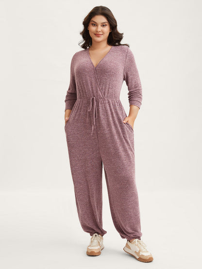 Elastic Waist Overlap Collar Lounge Jumpsuit