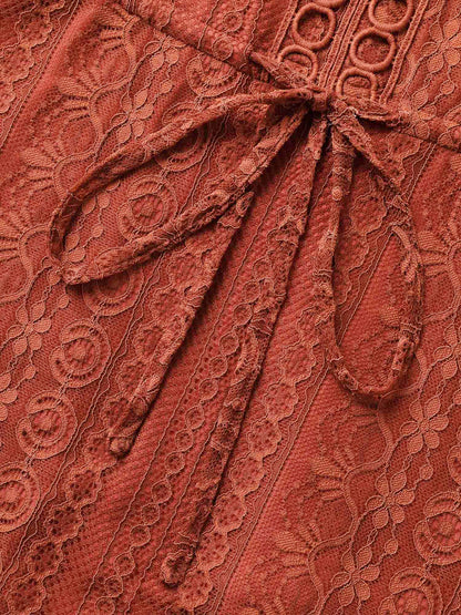 V Neck Lace Panel Drawstring Blouse